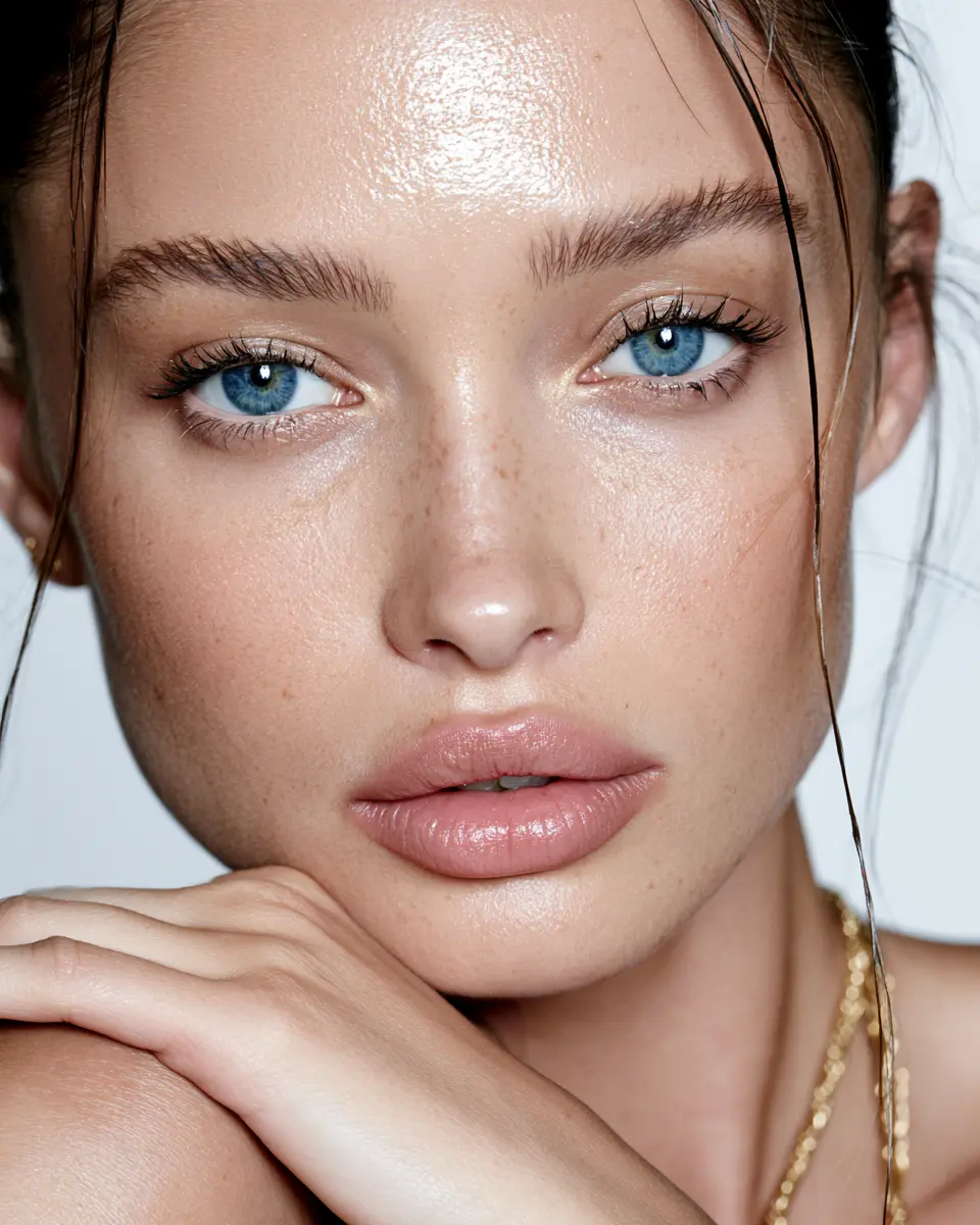 Close editorial de beleza com pele luminosa, maquiagem suave e textura natural