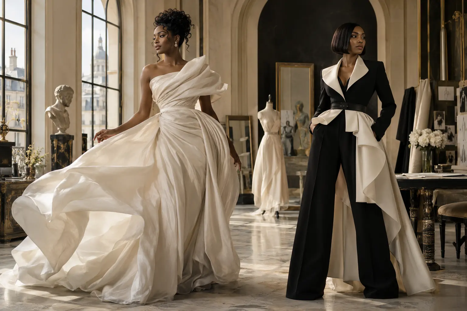 Duas mulheres negras em editorial de alta-costura: vestido marfim em movimento e alfaiataria preta e branca