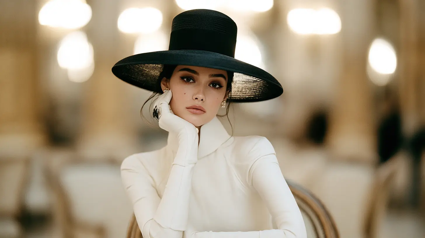 Modelo com chapéu preto de aba ampla e look marfim em retrato editorial