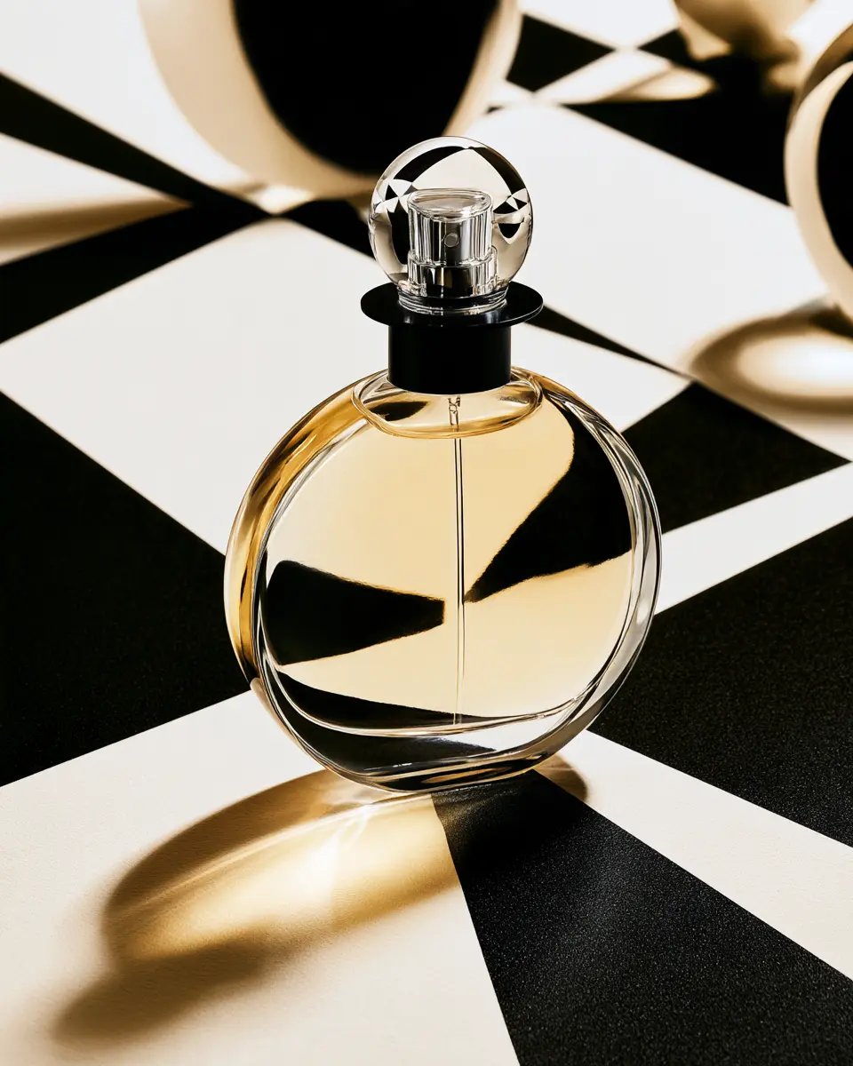Frasco de perfume em natureza-morta editorial com sombras geométricas pretas e douradas